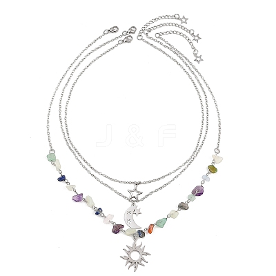 201 Stainless Steel Sun Moon Star Pendant Mixed Stone & 304 Stainless Steel Link Chain 3 Layer Necklaces for Women NJEW-JN05470-02-1