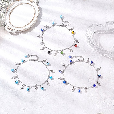 3Pcs 3 Colors Handmade Evil Eye Lampwork & 304 Stainless Steel Cross Tassel Bar Link Chain Anklets for Women AJEW-AN00741-1