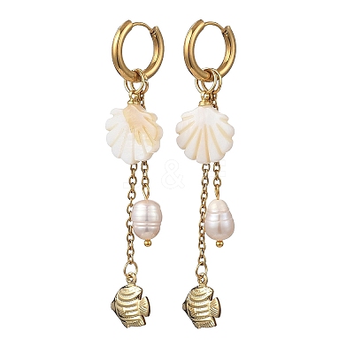 Natural Freshwater Shell & 316 Surgical Stainless Steel Charms Dangle Earrings for Women EJEW-JE07141-1