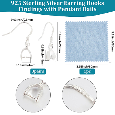 3 Pairs 925 Sterling Silver Earring Hook Findings STER-BBC0009-31-1