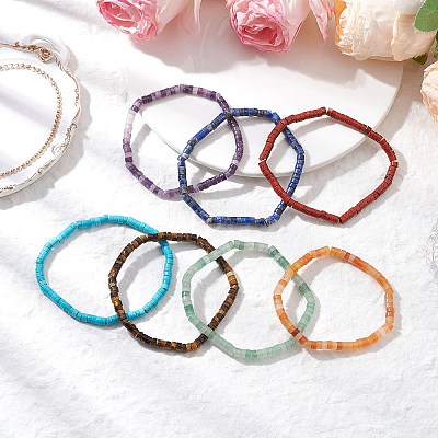 7Pcs Natural Red Aventurine/ Red Jasper/ Green Aventurine/ Tiger Eye/ Turquoise/ Lapis Lazuli/ Lepidolite Beads Stretch Bracelets for Women BJEW-JB11670-1