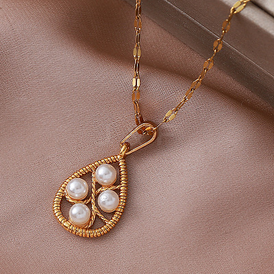 Vintage European 304 Stainless Steel & Imitation Pearl Teardrop Pendant Necklaces for Women NU2800-1