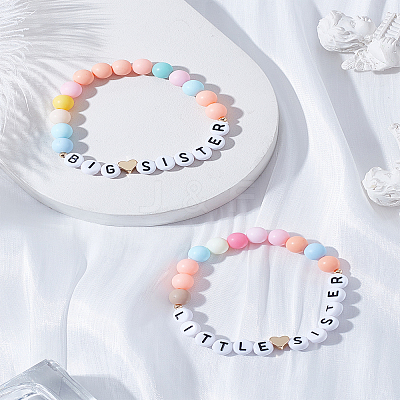 2Pcs 2 Styles Word Acrylic & Brass Heart Beaded Stretch Bracelets BJEW-LP0004-27-1