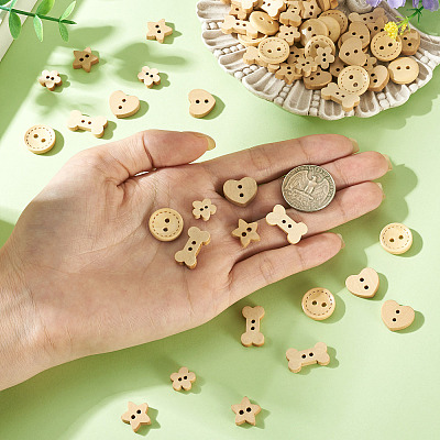 100Pcs 5 Styles Wooden Buttons BUTT-TA0001-46-1