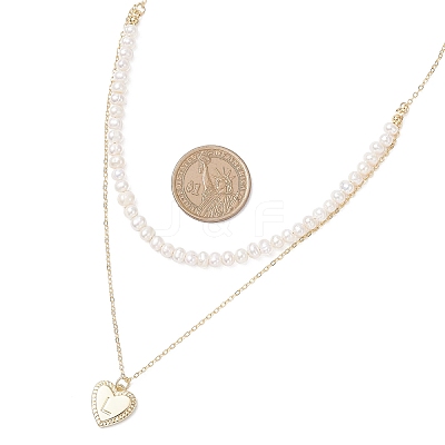 Natural Cultured Freshwater Pearl Potato Beaded Brass Heart with Letter Pendant Double Layer Necklaces NJEW-JN05392-02-1