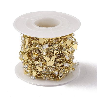 Brass Rectangle & Cubic Zirconia Flat Round Link Chains CHC-P010-02G-1