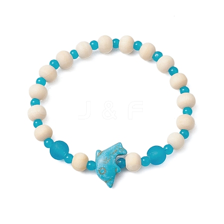 Synthetic Turquoise & Wood & Glass Beaded Stretch Bracelets for Women BJEW-JB11124-03-1