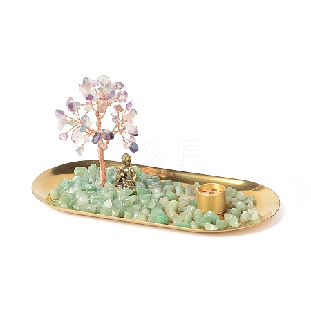 Natural Fluorite Money Tree Buddha Sculpture Set Incense Burner & Natural Green Aventurine on Trays for Wealth DJEW-G027-19RG-06-1