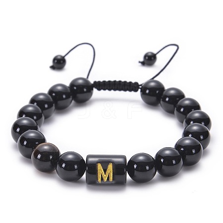 10MM Natural Black Onyx(Dyed & Heated) and Tiger Eye Alphabet Round Braided Bead Adjustable Bracelets for Women DM6424-13-1