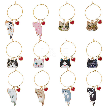 BENECREAT 12 Pcs 12 Style Cat Theme Alloy Enamel Wine Glass Charms AJEW-BC0003-89-1