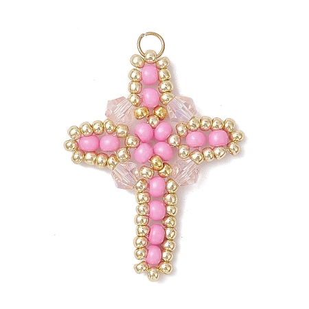 Glass Seed Beaded Cross Pendants PALLOY-MZ00826-04-1