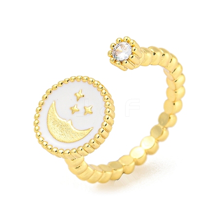 Flat Round with Moon Star Rack Plating Brass Micro Pave Cubic Zirconia Open Cuff Rings RJEW-N047-03B-G-RS-1