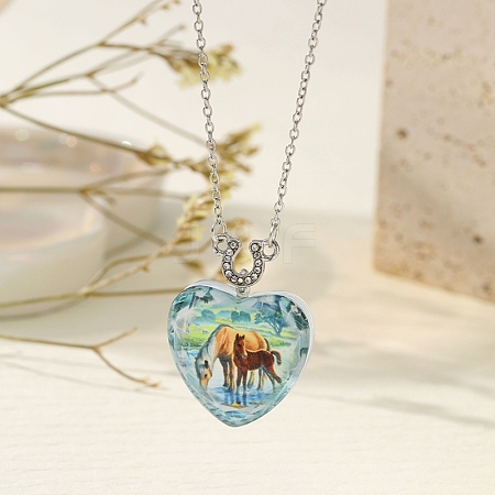 Heart with Horse Pattern Glass Pendant Necklaces PW-WGF1C5C-04-1