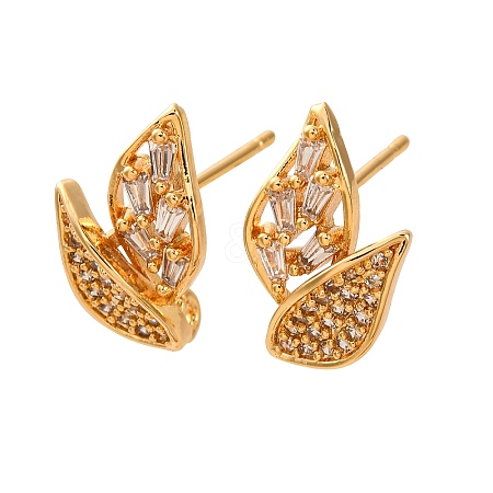 Leaf Brass Micro Pave Clear Cubic Zirconia Stud Earring Findings KK-K382-32G-1