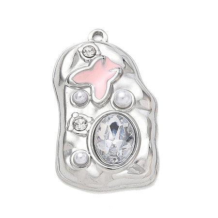 304 Stainless Steel Micro Pave Clear Cubic Zirconia with Pink Enamel & Plastic Pearl Pendants SA-CBA50C9-02P-1