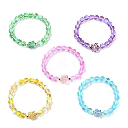 Electroplated Natural Quartz Hexagon & 8mm Synthetic Moonstone Holographic Round Beaded Stretch Bracelets BJEW-JB10922-1