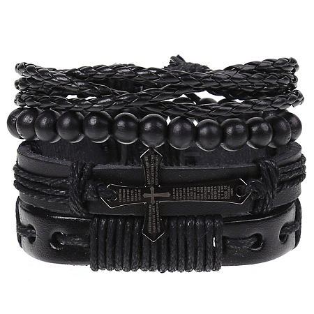 4Pcs Retro Cattlehide Leather Cord Multi-strand Bracelets for Men WGE7990-05-1