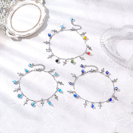 3Pcs 3 Colors Handmade Evil Eye Lampwork & 304 Stainless Steel Cross Tassel Bar Link Chain Anklets for Women AJEW-AN00741-1