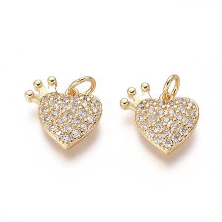  Jewelry Beads Findings Brass Charms, with Clear Cubic Zirconia and Jump Rings, Heart, Golden, 12x13x2.5mm; Jump Ring: 4.5x0.8mm, 2.5mm inner diameter