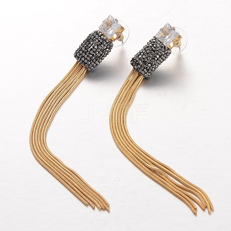 Fashionable Brass Tassel Polymer Clay Rhinestone Ear Studs EJEW-L149-01G-1