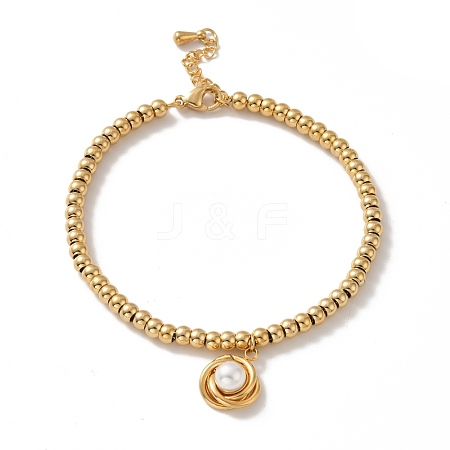 PVD Vacuum Plating 201 Stainless Steel Interlocking Knot with Plastic Pearl Charm Bracelet with Round Beads for Women BJEW-B057-01G-1