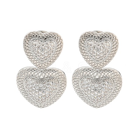 Heart Brass Pave Clear Cubic Zirconia Dangle Stud Earrings EJEW-M258-27P-1