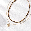 Tree of Life 304 Stainless Steel Pendant Cable Chain and Natural Tiger Eye Rectangle Round Beaded Double Layer Necklaces NJEW-JN05713-2