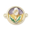 Brass Enamel Flat Round with Rose Connector Charms KK-M308-01G-01-1