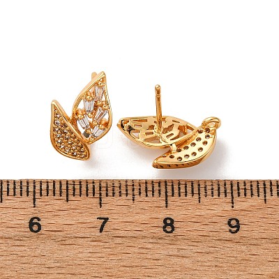 Leaf Brass Micro Pave Clear Cubic Zirconia Stud Earring Findings KK-K382-32G-1