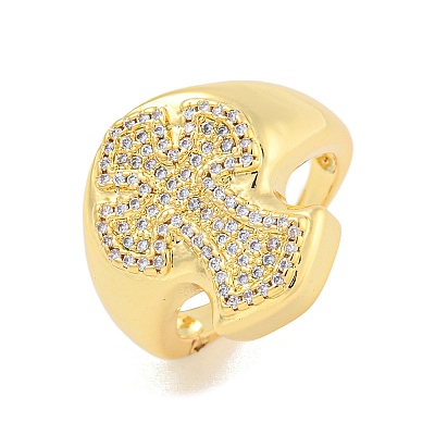 Rack Plating Cross Brass Micro Pave Clear Cubic Zirconia Cuff Finger Rings for Women RJEW-C103-14G-1