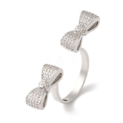 Bowknot Brass Micro Pave Clear Cubic Zirconia Open Cuff Rings for Women RJEW-C098-15P-1