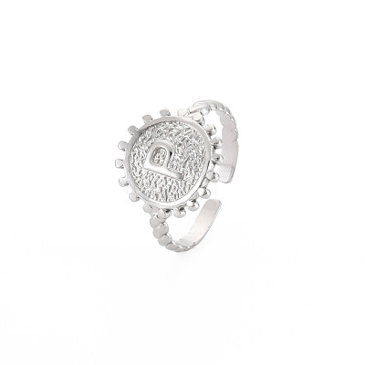 Non-Tarnish 304 Stainless Steel Flat Round with Initial Letter Open Cuff Ring for Men Women RJEW-S405-246P-P-1