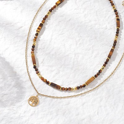 Tree of Life 304 Stainless Steel Pendant Cable Chain and Natural Tiger Eye Rectangle Round Beaded Double Layer Necklaces NJEW-JN05713-1