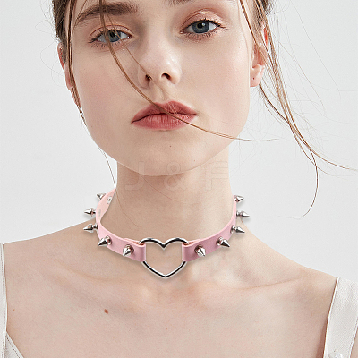 Adjustable Adjustable Gothic PU Leather Alloy Spike Rivet Heart Choker Necklaces for Women NJEW-WH20816-006P-D-1