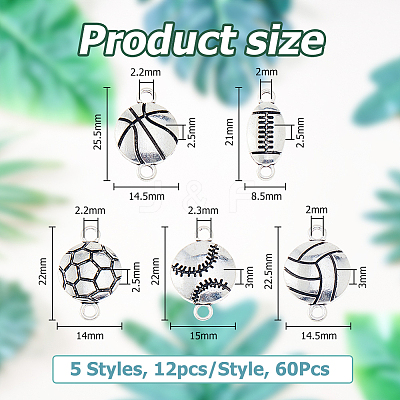 60Pcs 5 Styles Tibetan Style Zinc Alloy Sport Ball Connector Charms FIND-HS0001-38-1
