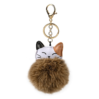 Imitation Rex Rabbit Fur Ball & PU Leather Cat Pendant Keychain X1-KEYC-K018-05KCG-03-1