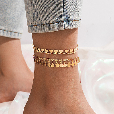 Alloy Flower & Heart Tassel Double Layer Anklets for Women FS-WGDC043-01-1