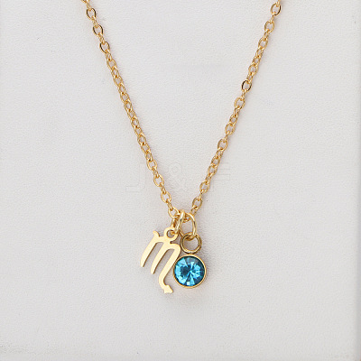 304 Stainless Steel Aquamarine Rhinestone Birth Stone Constellation Pendant Necklaces FS-WG76580-12-1