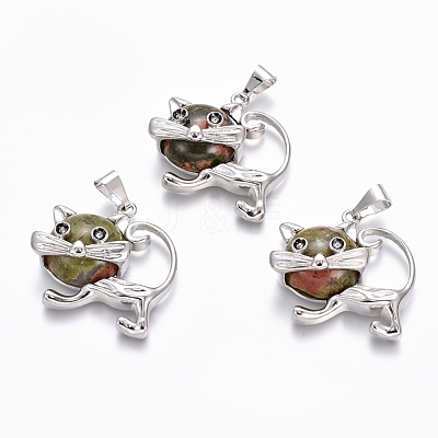 Natural Unakite Kitten Pendants G-J386-C16-1