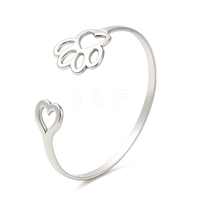 Non-Tarnish Hollow Dog Paw Print & Heart 304 Stainless Steel Cuff Bangles for Women BJEW-L682-015P-1