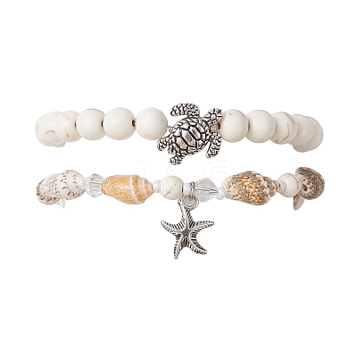2Pcs 2 Style Synthetic Howlite & Glass & Shell Stretch Bracelets with Tortoise BJEW-JB10091-03-1