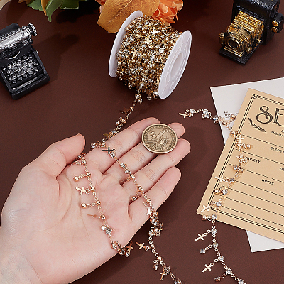 4M Flat Round with Cross Charm Brass Rhinestone Chains DIY-PH0030-93LG-1