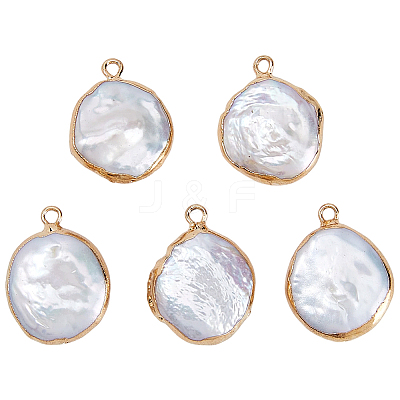 5Pcs Electroplated Natural Keshi Pearl Flat Round Pendants PEAR-HS0001-23-1