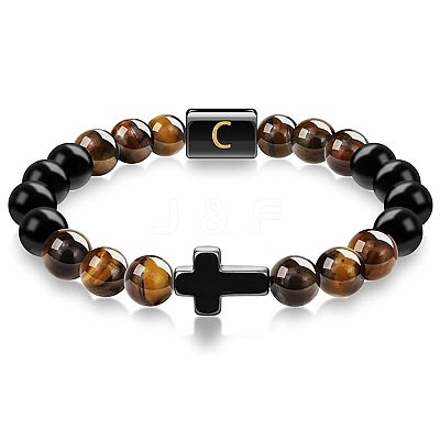 8MM Natural Tiger Eye and Matte Black Obsidian Round Beaded Stretch Bracelets SL9862-3-1