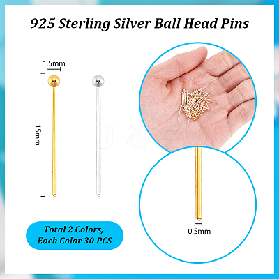 60Pcs 2 Colors 925 Sterling Silver Head Pins STER-PH0003-19-1