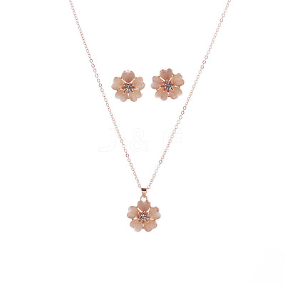 Flower Alloy Cat Eye Pendant Necklaces & Stud Earrings Sets FS-WG11189-01-1