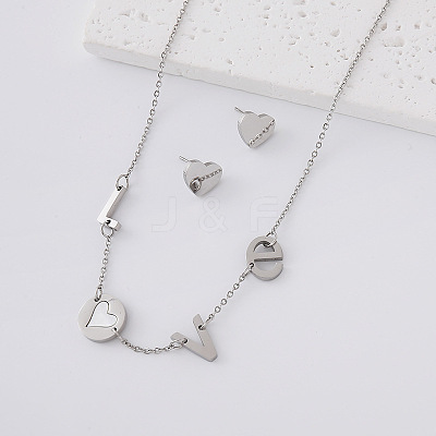 304 Stainless Steel Stud Heart Earrings & Letter LOVE Necklaces Sets for Women ZF6190-1-1