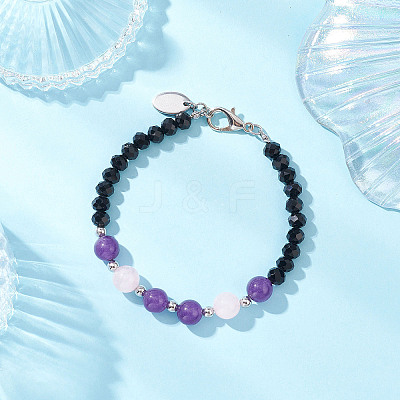 Natural Rose Quartz & Glass Round Beaded Bracelets for Women BJEW-JB12210-02-1