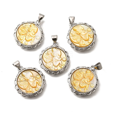 Brass with Natural Shell Carved Pendants KK-Z091-07P-03-1