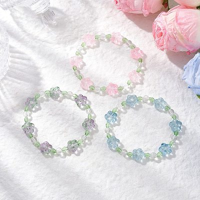 3Pcs 3 Colors Plum Blossom Flower Glass Beads Stretch Bracelets for Women BJEW-JB12138-1